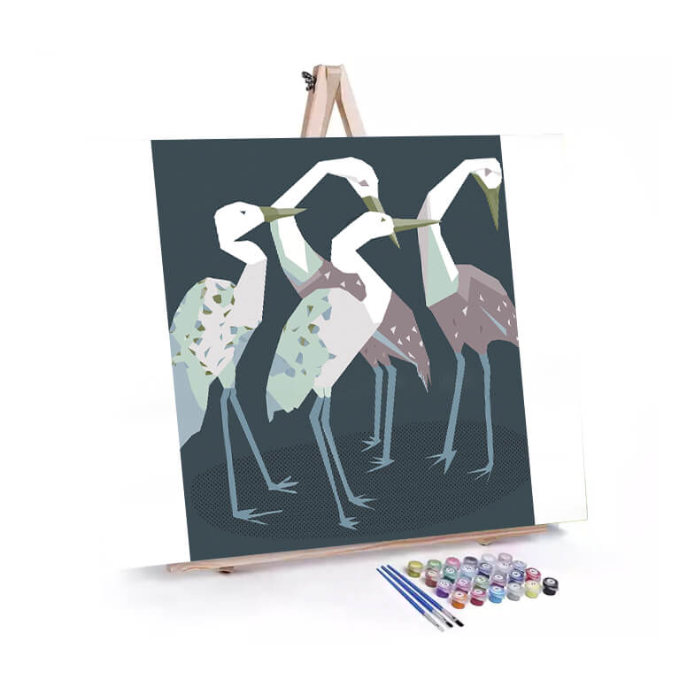 Geometric Cranes paint by numbers displayed on a easel