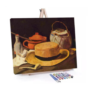 Straw Hat Still Life paint by numbers displayed on a easel