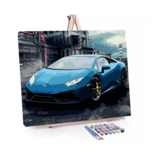 Blue Lamborghini Huracan paint by numbers displayed on a easel