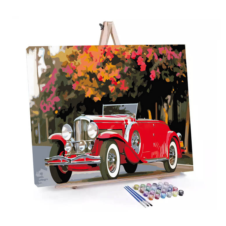 Red Duesenberg Model J paint by numbers displayed on a easel