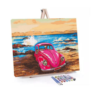 Pink Buggy on the Beach paint by numbers displayed on a easel