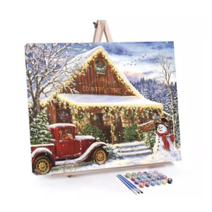 Christmas Truck and Snowman paint by numbers displayed on a easel