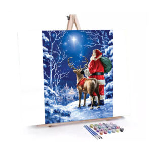 Santa and Deer Under the Stars paint by numbers displayed on a easel