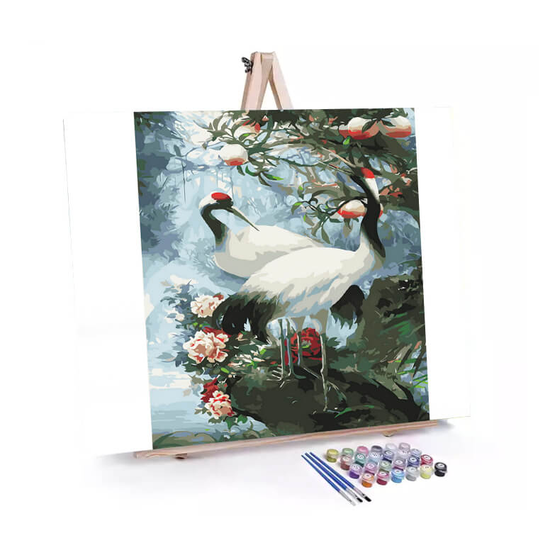 Lovebirds in Bloom paint by numbers displayed on a easel