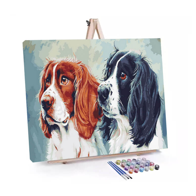 English Springer Spaniels in Nature’s Beauty paint by numbers displayed on a easel