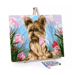 Yorkshire Terrier in Colorful Flowers paint by numbers displayed on a easel