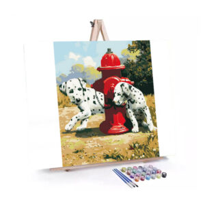 Dalmatian Puppies at the Fire Hydrant paint by numbers displayed on a easel