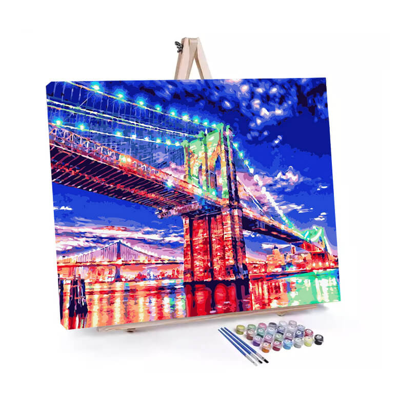 Brooklyn Bridge Night paint by numbers displayed on a easel