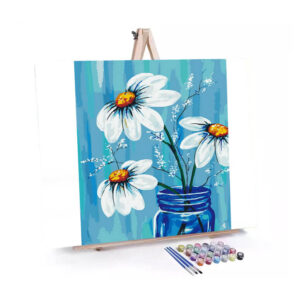 White Daisies in Blue Jar paint by numbers displayed on a easel