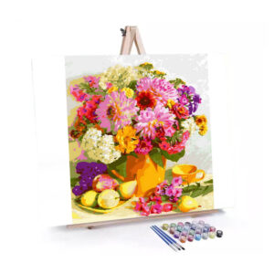 Colorful Flowers and Peaches paint by numbers displayed on a easel