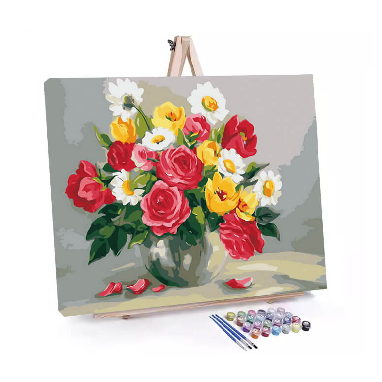 Colorful Flower Bouquet paint by numbers displayed on a easel