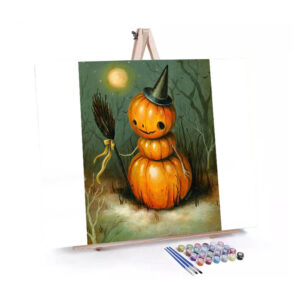 Pumpkin Snowman paint by numbers displayed on a easel