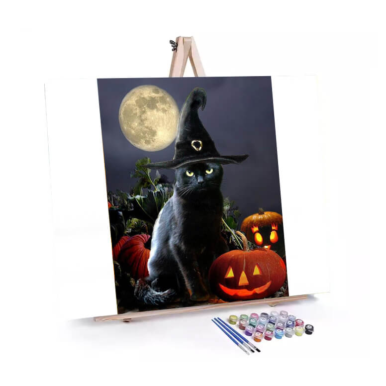 Witchy Black Cat paint by numbers displayed on a easel