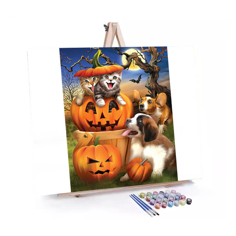 Pumpkin Patch Pals paint by numbers displayed on a easel