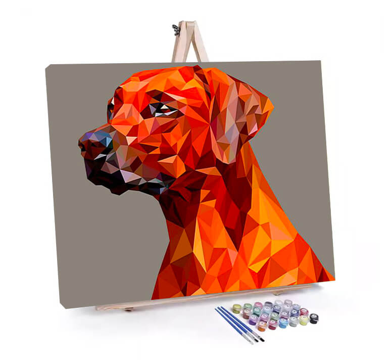 Geometric Dog paint by numbers displayed on a easel