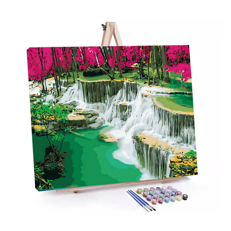 Blissful Waterfall paint by numbers displayed on a easel