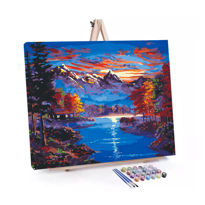 Sunset River paint by numbers displayed on a easel