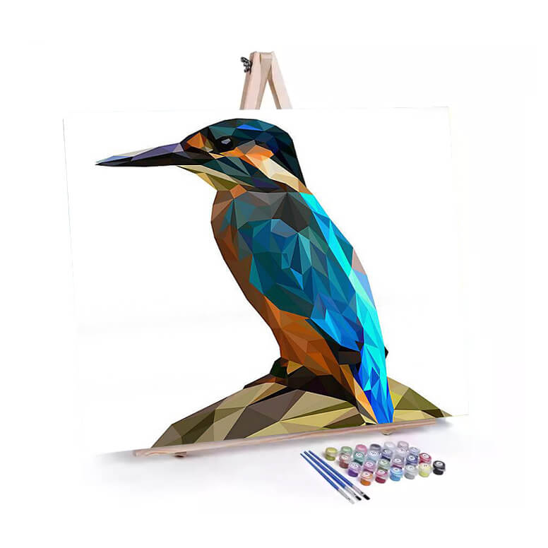 Geometric Kingfisher paint by numbers displayed on a easel