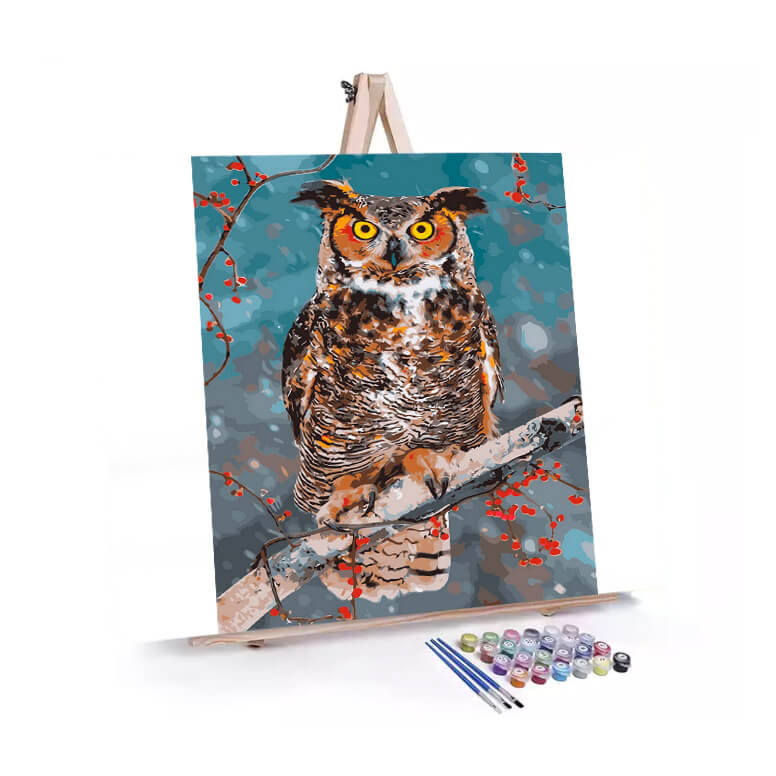 Winter Owl paint by numbers displayed on a easel