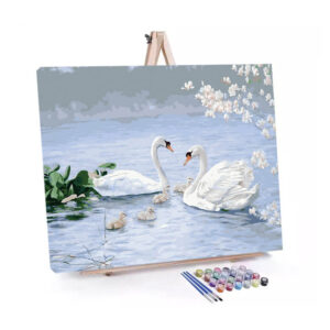 Swan Family Swim paint by numbers displayed on a easel