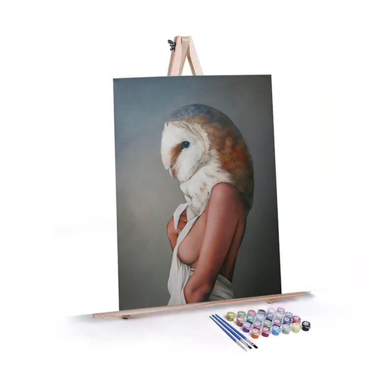 Gallant Owl Woman paint by numbers displayed on a easel