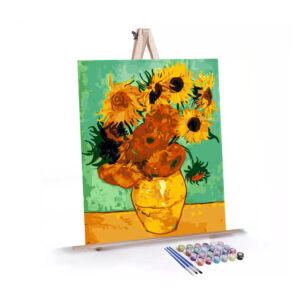 Vase with Twelve Sunflowers paint by numbers displayed on a easel