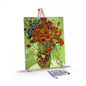 Vase with Red Poppies and Daisies paint by numbers displayed on a easel