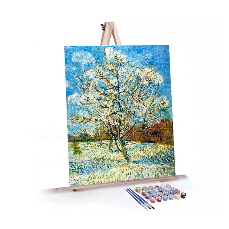 Peach Tree Paradise paint by numbers displayed on a easel