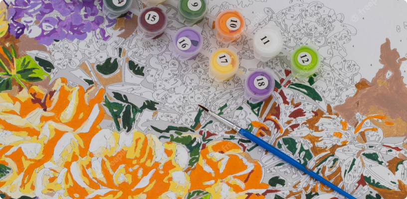 A visual representation of Paint by Numbers, a creative and structured art therapy technique that fosters self-expression and mindfulness through artistic endeavors.