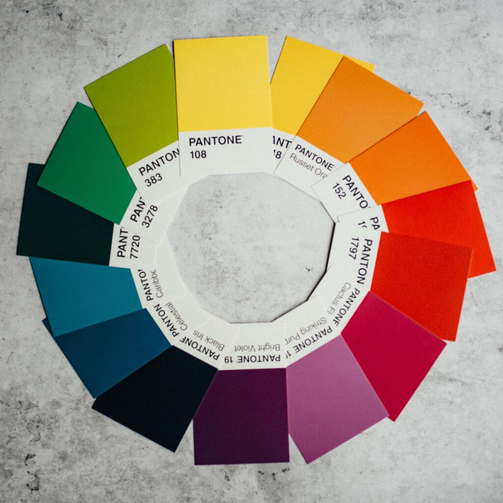 Color wheel diagram showcasing a spectrum of colors arranged in a circular pattern, demonstrating color relationships and harmonies.