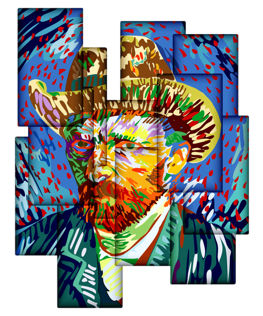 Colorful self-portrait painting of Vincent van Gogh, highlighting his intense expression, red beard, and distinctive artistic style.